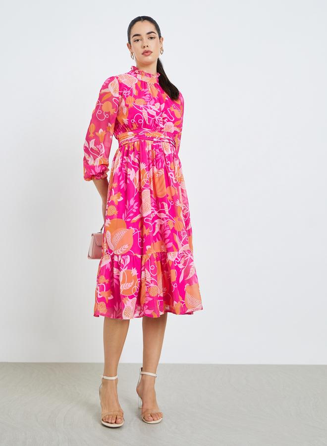 Women Pink Floral Print A-Line Midi Dress